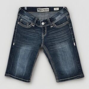 BKE Sabrina Denim Shorts Womens Sz 27 Medium Wash Distressed Thick Stitch Buckle